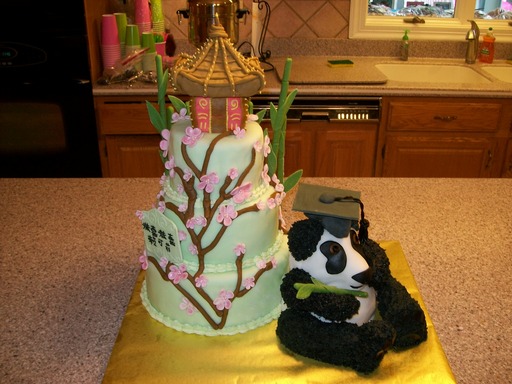 Chinese cherry blossom panda and Pagoda graduation cake